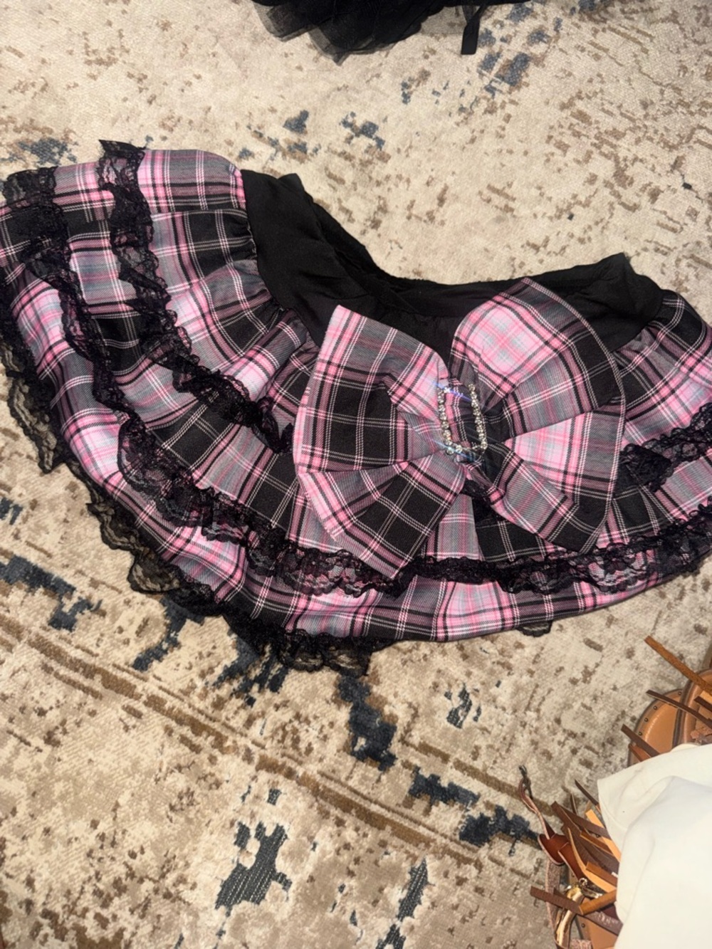 ROMWE Pink and Black Plaid Lace-Trim Mini Skirt